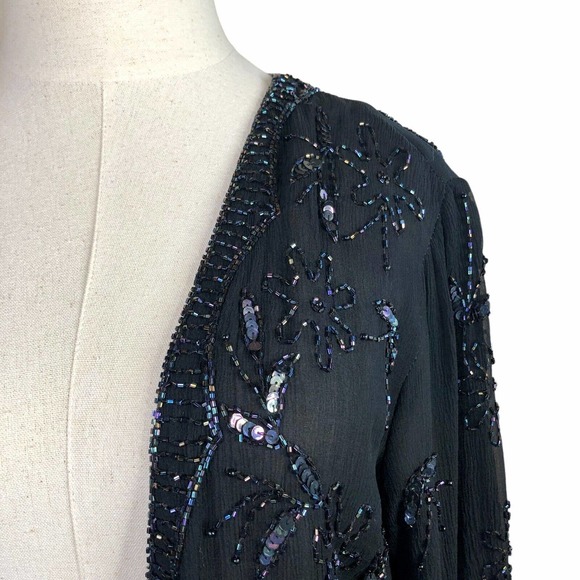 Vintage Judith Ann Embellished Blouse Black Silk Iridescent Sequins Beads Small - Picture 2 of 12